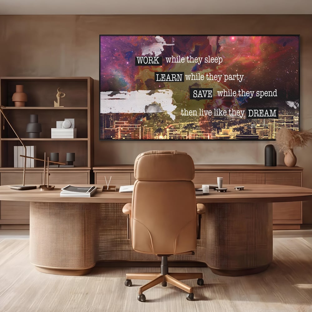 Tablou canvas cu tablou motivational cu oras si cer cosmic, in rama de aluminiu negru, pe perete intr-un birou